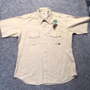 Duxbak Button Up Shirt Men L Beige Short Sleeve Embroidered Duck Print Collared